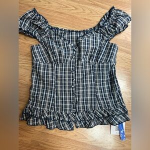 Cider Navy Plaid Ruffle Blouse